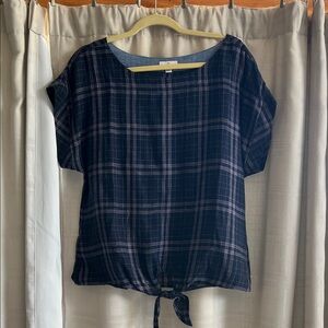 L.L. Bean Signature Dark Plaid Tie-Front Blouse